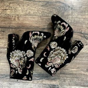 ALDO black velvet embellished sequin gold floral booties/boots.